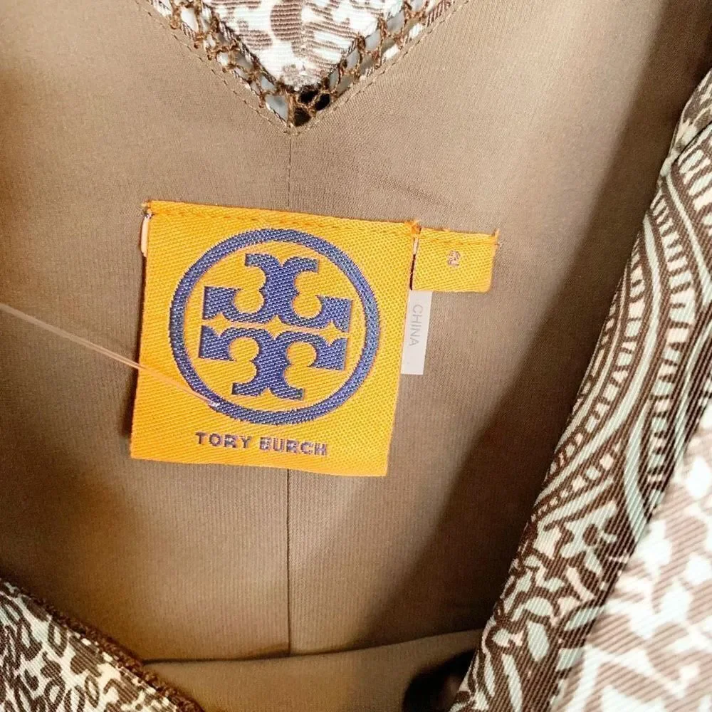 Tory Burch Carter Logo Print Sheath Sleeveless Dress Tan Blue Women’s Size 2 / S